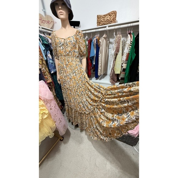Baltic Born Floral Tiered Maxi Dress Gold Brown Smocked Puff Sleeve Size M NWT - Picture 5 of 9